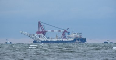 The Russian pipe-laying ship Fortuna ahead of the resumption of Nord Stream 2 gas pipeline construction near Insel Poel, in the Mecklenburg Bay, Germany, Jan. 14, 2021.  (Reuters Photo)