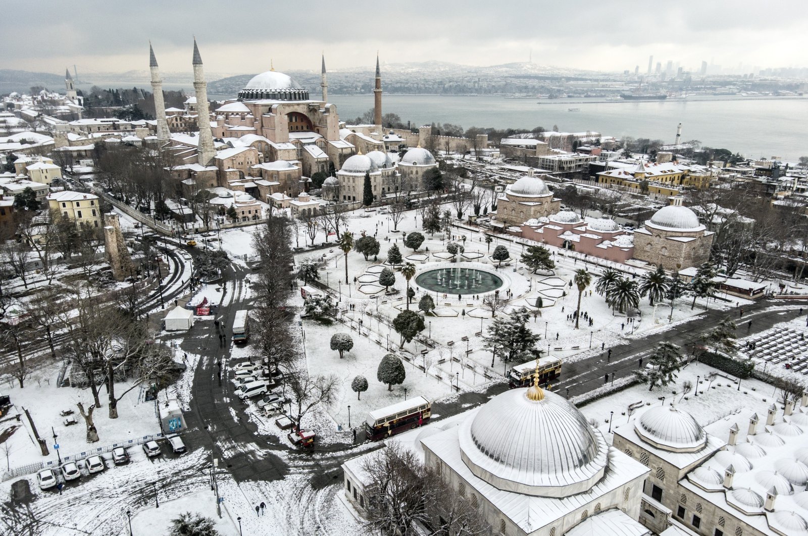 A view of Ayasofya Grand Mosque and Sultanahmet Square covered in snow, in Istanbul, Turkey, Jan. 18, 2021. (İHA PHOTO) 