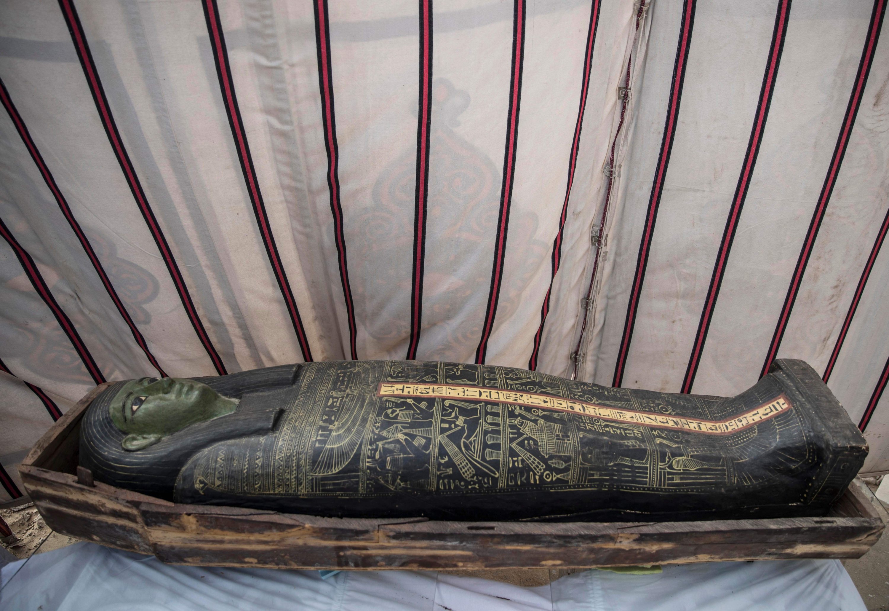 A sarcophagus is displayed during the official announcement of the discovery at Egypt's Saqqara necropolis, south of Cairo, Jan. 17, 2021. (AFP Photo)