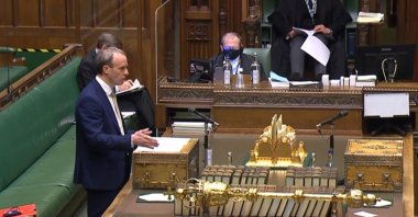 A video grab from footage broadcast by the U.K. Parliament's Parliamentary Recording Unit (PRU) shows Britain's Foreign Secretary Dominic Raab as he makes a statement on trade measures over alleged Chinese human rights violations against its Uighur minority in a hybrid, socially distanced session at the House of Commons, in London, on Jan. 12, 2021. 

Britain on January 12 accused China of human rights violations against its Uighur minority, as it announced new rules to ban imports of goods suspected of using forced labor. The abuses were "on an industrial scale," Foreign Secretary Dominic Raab told parliament, adding that Britain had a "moral duty to respond." (Photo by - / PRU / AFP) / RESTRICTED TO EDITORIAL USE - MANDATORY CREDIT " AFP PHOTO / PRU " - NO USE FOR ENTERTAINMENT, SATIRICAL, MARKETING OR ADVERTISING CAMPAIGNS