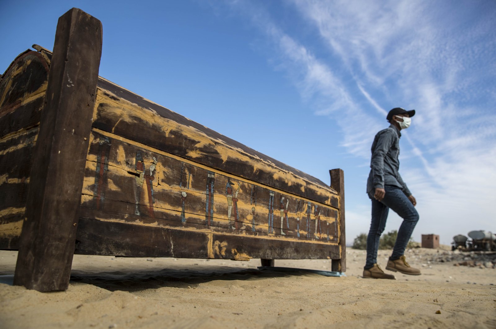 An adorned wooden sarcophagus is displayed during the official announcement of the discovery at Egypt's Saqqara necropolis, south of Cairo, Jan. 17, 2021. (AFP Photo)