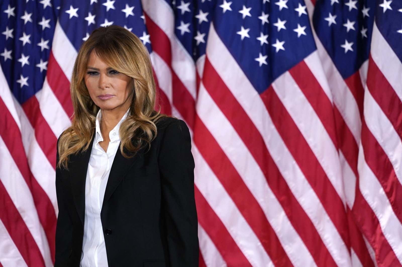 First lady Melania Trump looks on as U.S. President Trump speaks on the election night at an event at the White House in Washington D.C., U.S., Nov. 4, 2020. (EPA-EFE Photo)