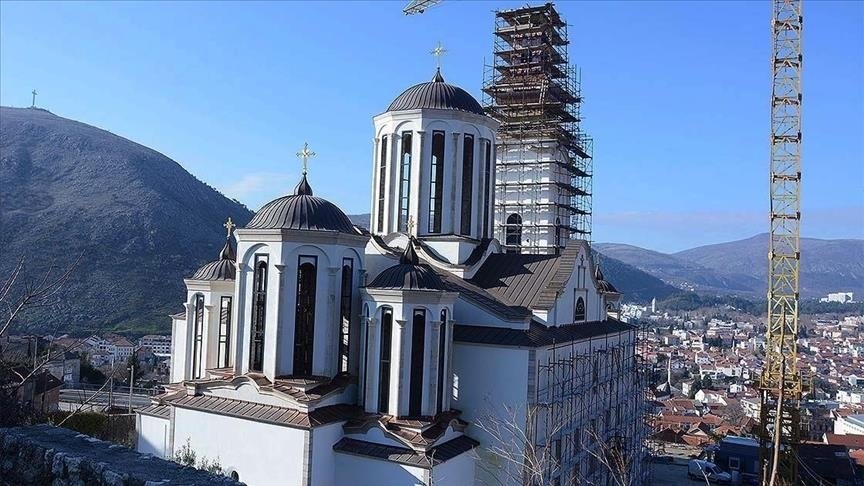 The Cathedral of the Holy Trinity under restoration in Mostar, Bosnia-Herzegovina, Jan. 19, 2021. (AA Photo)