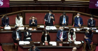 Italian Prime Minister Giuseppe Conte stands in the back row) during a debate in the Senate in Rome, Italy, Jan. 19, 2021. (EPA Photo)