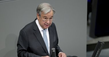 U.N. Secretary-General Antonio Guterres delivers a speech during a meeting of the German federal parliament, Bundestag, at the Reichstag building in Berlin, Germany, Dec. 18, 2020. (AP Photo)