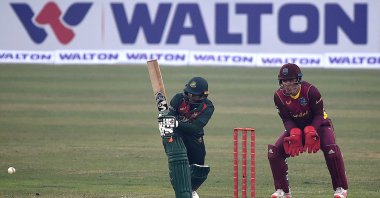 Bangladesh's Shakib Al Hasan (L) bats in the first one-day international (ODI) cricket match between Bangladesh and West Indies at the Sher-e-Bangla National Cricket Stadium, Dhaka, Jan. 20, 2021. (AFP Photo)