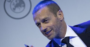 UEFA President Aleksander Ceferin speaks at a meeting of European football leaders at the congress of the UEFA governing body, Amsterdam's Beurs van Berlage, Netherlands, March 3, 2020. (AP Photo)