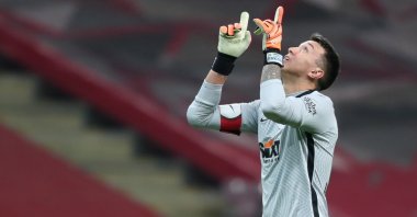 Galatasaray goalkeeper Fernando Muslera celebrates after his team scored the 1-0 lead during the Turkish Süper Lig match between Galatasaray and Denizlispor in Istanbul, Turkey, Jan. 20, 2021. (EPA Photo)