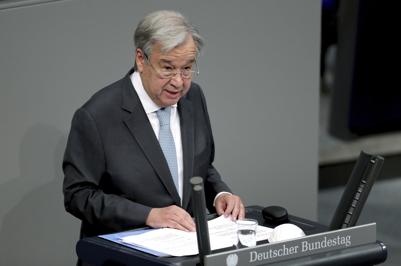 U.N. Secretary-General Antonio Guterres delivers a speech during a meeting of the German federal parliament, Bundestag, at the Reichstag building in Berlin, Germany, Dec. 18, 2020. (AP Photo)