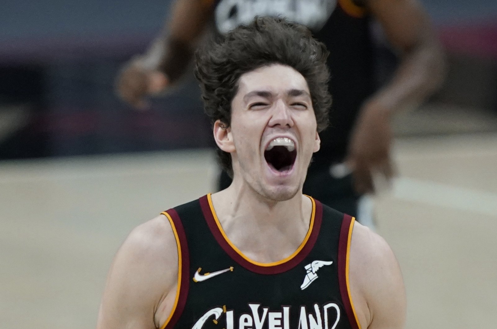 Cleveland Cavaliers' Cedi Osman reacts during double overtime of an NBA basketball game against the Brooklyn Nets, Cleveland, the U.S., Jan. 20, 2021 (AP Photo)
