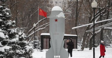 A view of a monument of the first Soviet mass-produced tactical nuclear bomb, the RDS-4, at the Fedora Poletayeva square in Moscow, Russia, Jan. 16, 2021. (EPA Photo)