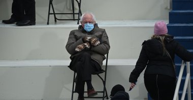 Sen. Bernie Sanders (D-Vt.) sits in the bleachers on Capitol Hill before Joe Biden is sworn in as the 46th U.S. president at the U.S Capitol in Washington, D.C., U.S., Jan. 20, 2021. (AFP Photo)