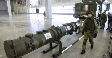 The 9M729 land-based cruise missile in Kubinka outside Moscow, Russia, Jan. 23, 2019. (AP Photo)