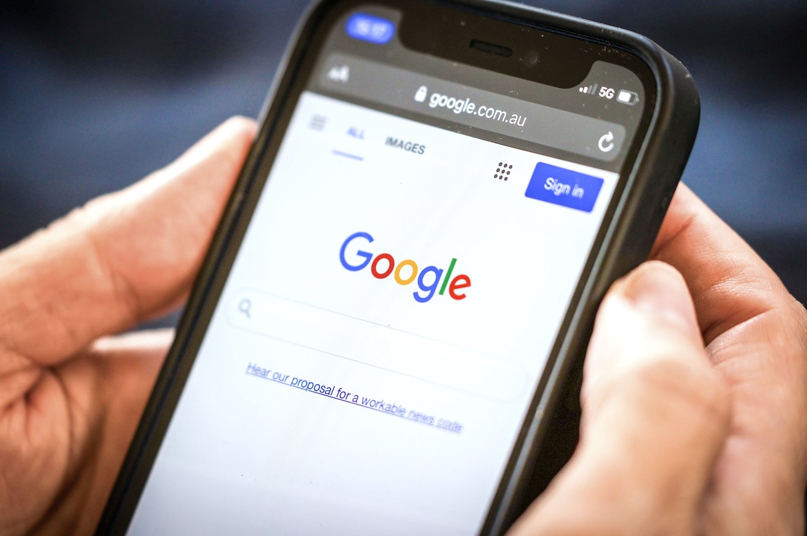 A link to Google's proposal for a workable news code on the company's homepage, arranged on an iPhone in Sydney, Australia, Jan. 22, 2021. (Getty Images)