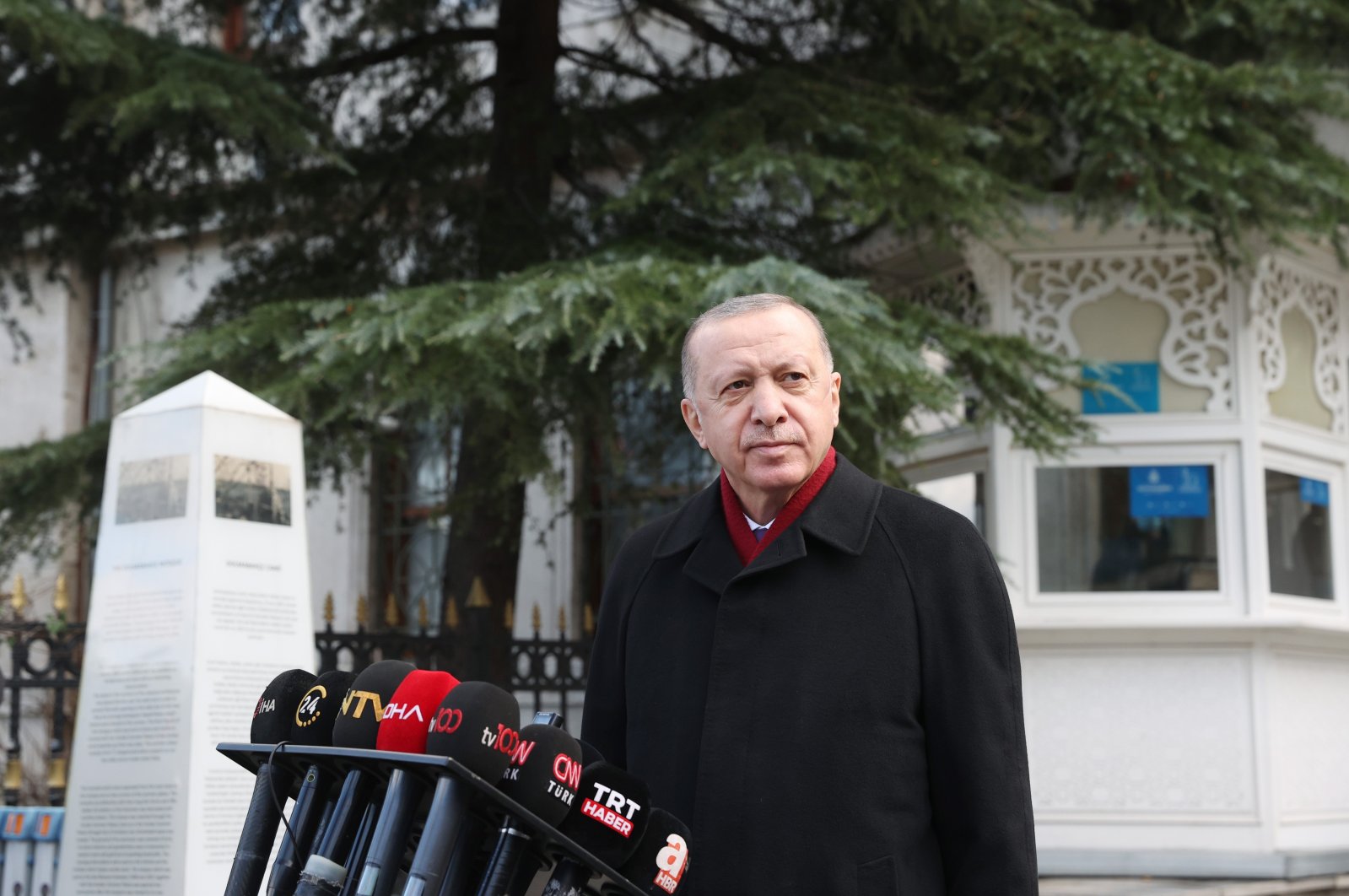 President Recep Tayyip Erdoğan speaks to reporters following Friday prayers at the Bezmi Alem Valide Sultan Mosque in the Beşiktaş district of Istanbul, Turkey, Jan. 15, 2021. (IHA Photo)