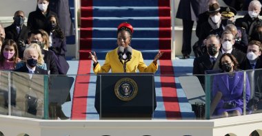 National youth poet laureate Amanda Gorman recites her inaugural poem during Joe Biden's presidential inauguration at the U.S. Capitol, Washington, D.C., the U.S., Jan. 20, 2021. (AP Photo)