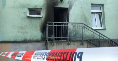 A mosque is seen after an improvised bomb destroyed its entrance, in Dresden, Germany. (Reuters Photo)