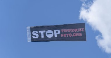 The Turkish community in New York City lifts banner against the Gülenist Terror Group (FETÖ) on July 15, 2020, the anniversary of the failed coup in Turkey. (Getty Images)