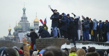People gather to protest against the jailing of opposition leader Alexei Navalny in St.Petersburg, Russia, Saturday, Jan. 23, 2021. (AP Photo)