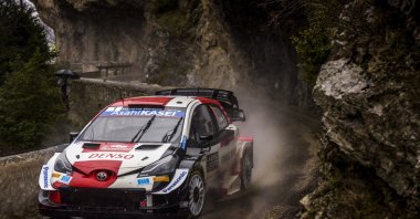 France's Sebastien Ogier drives his Toyota Yaris WRC during Day 2 of the Rally Monte Carlo 2021, in Gap, France, Jan. 22, 2021. (EPA Photo)