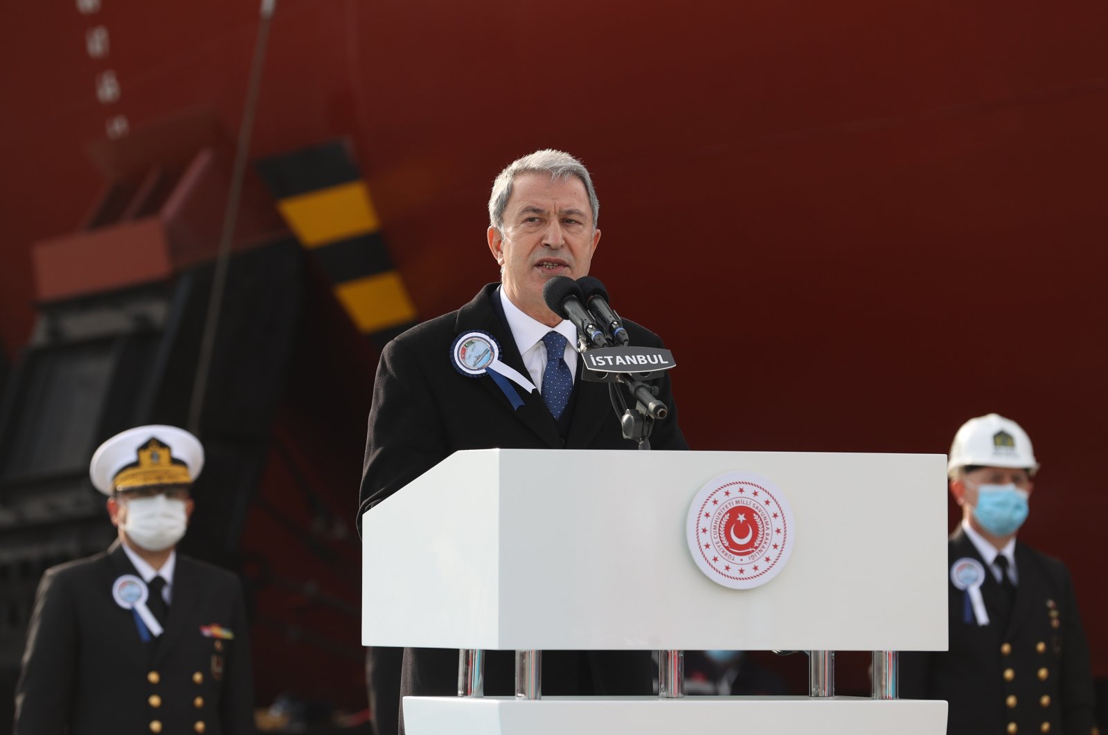 Defense Minister Hulusi Akar speaks at the opening ceremony for new Turkish-built ships in Istanbul, Turkey, Jan. 23, 2021. (AA Photo)