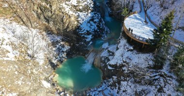 An aerial view of the turquoise-colored Mavigöl (Blue Lake), in Giresun province, northern Turkey, Jan. 24, 2021. (AA Photo)