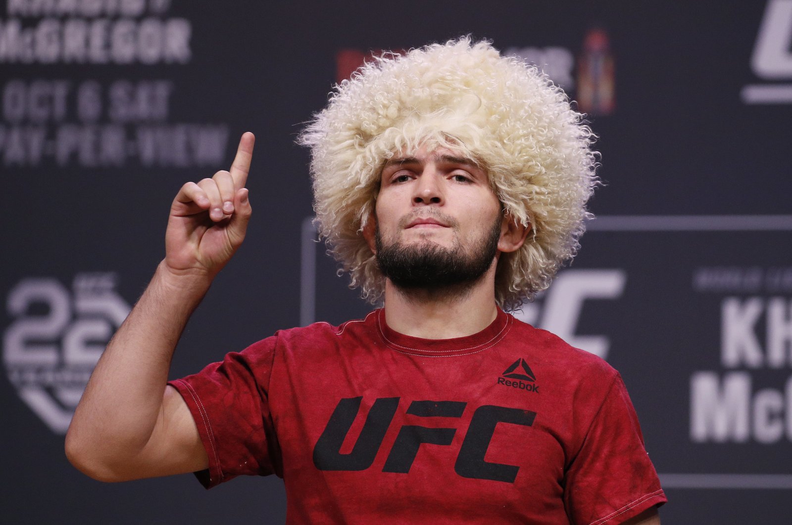 Khabib Nurmagomedov poses during a ceremonial weigh-in for the UFC 229 mixed martial arts fight, in Las Vegas, Nevada, U.S., Oct. 5, 2018. (AP Photo)