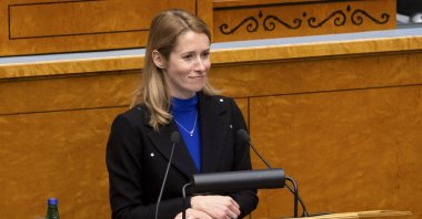 Newly appointed Estonian Prime Minister Kaja Kallas speaks at the Estonian Parliament, in Tallinn, Estonia, Jan. 26, 2021. (AP Photo)
