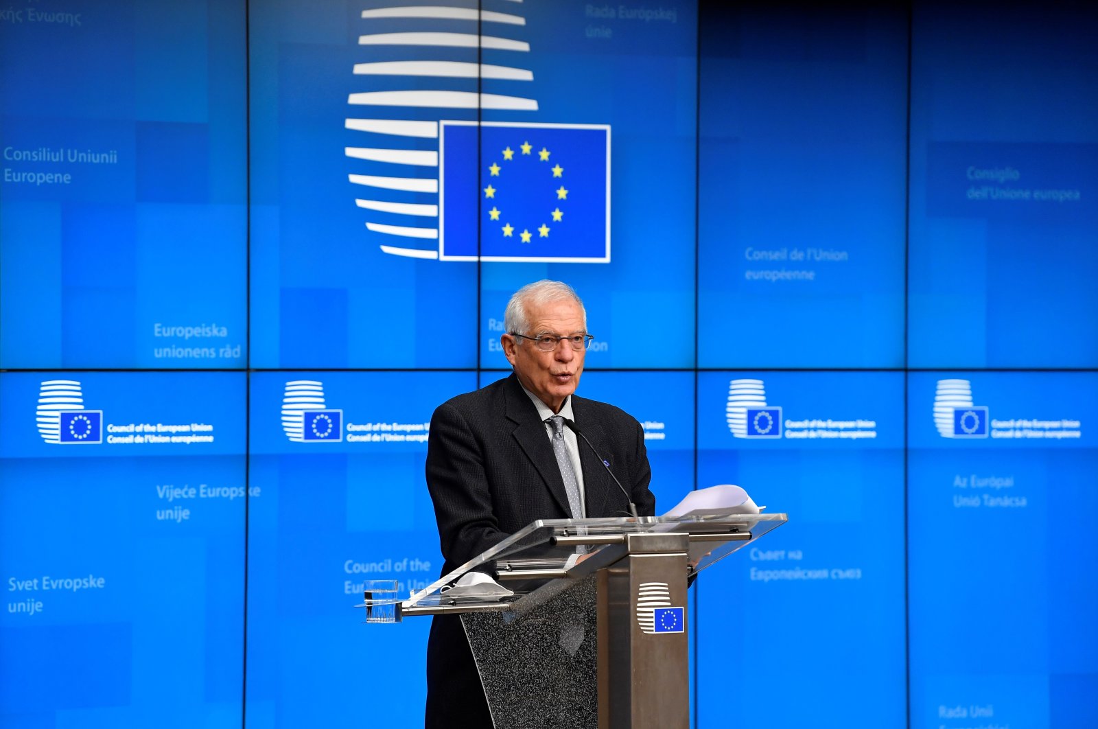 European Union foreign policy chief Josep Borrell talks to journalists during a news conference following an EU Foreign Affairs minister meeting at the European Council building in Brussels, Jan. 25, 2021. (AP Photo)
