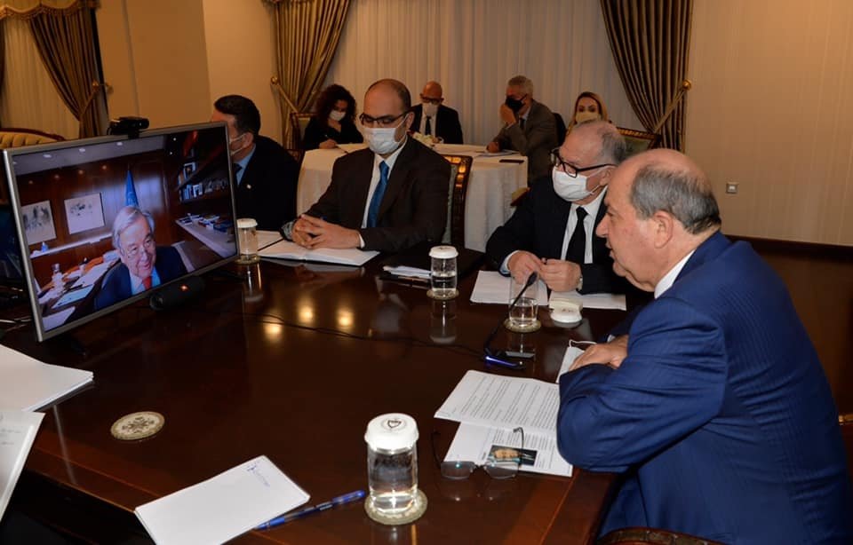 Turkish Cypriot President Ersin Tatar speaks with U.N. Secretary-General Antonio Guterres in a videoconference call in Lefkoşa, TRNC, Jan. 25, 2021. (AA Photo)