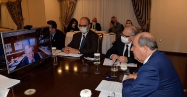 Turkish Cypriot President Ersin Tatar speaks with U.N. Secretary-General Antonio Guterres in a videoconference call in Lefkoşa, TRNC, Jan. 25, 2021. (AA Photo)