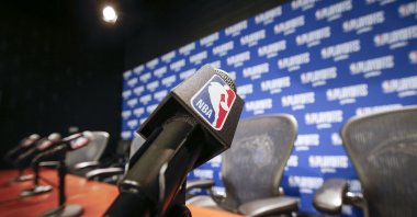 A general view of a microphone with the NBA logo at the post press conference after an NBA game at the Amway Center in Orlando, Florida, U.S., April 19, 2019. (Getty Images)