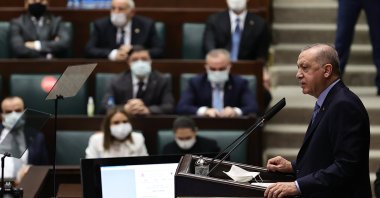 President Recep Tayyip Erdoğan speaks at the AK Party's parliamentary group meeting in the Turkish Parliament in the capital Ankara on Jan. 27, 2021. (AA Photo)
