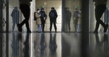 Police stand guard at the Foundation for Fighting Corruption office in Moscow, Russia, Wednesday, Jan. 27, 2021. (AP Photo)