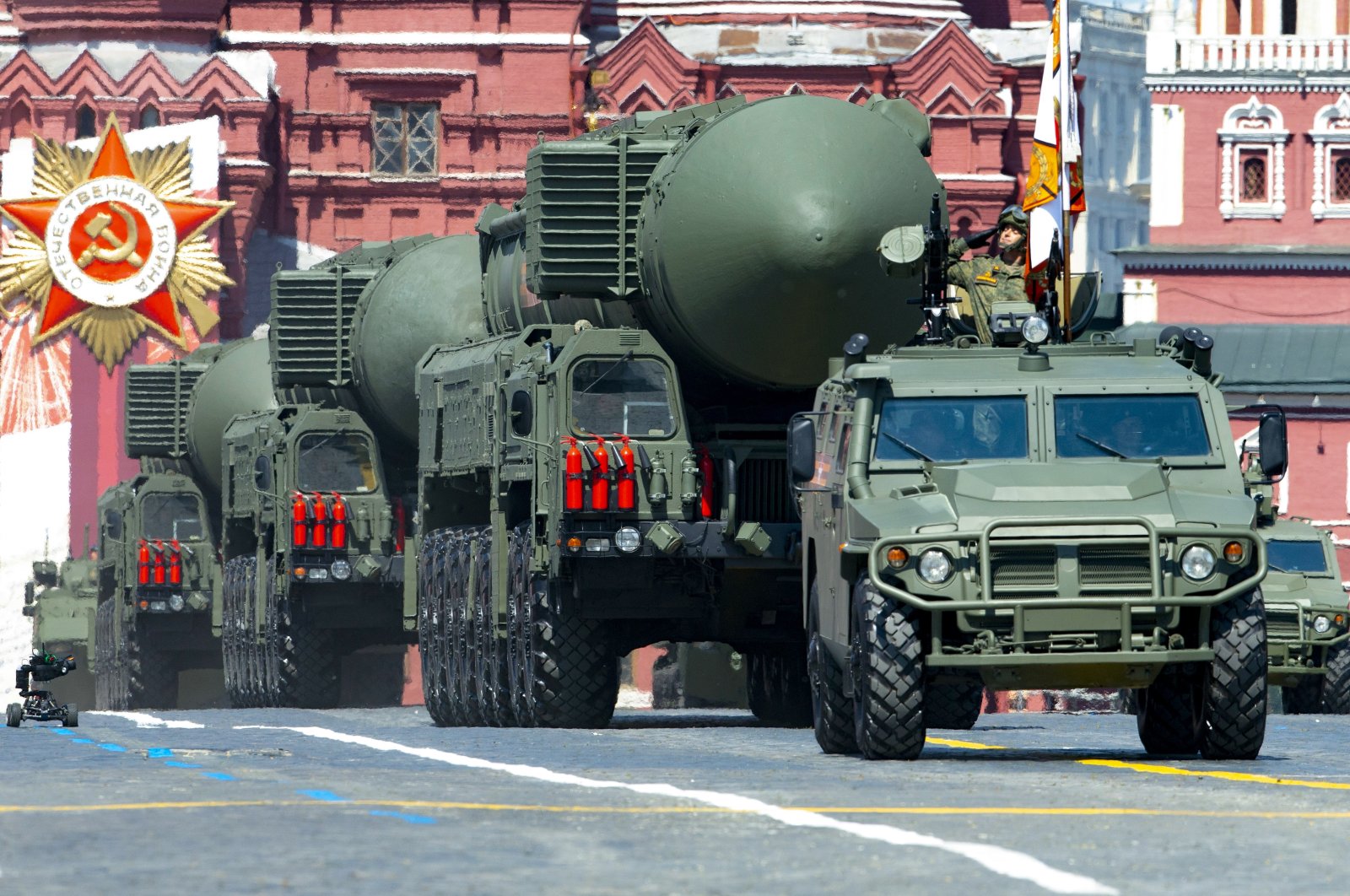 Russian RS-24 Yars ballistic missiles roll in Red Square during the Victory Day military parade marking the 75th anniversary of the Nazi defeat in Moscow, Russia, June 24, 2020. (AP Photo)