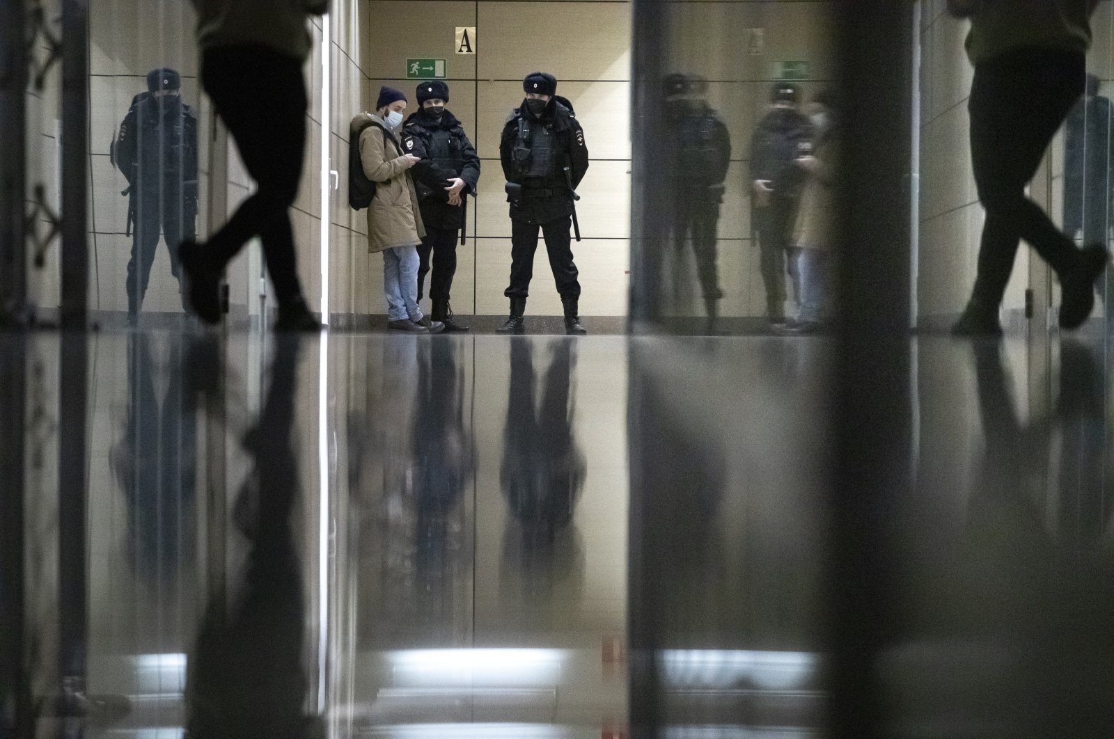 Police stand guard at the Foundation for Fighting Corruption office in Moscow, Russia, Wednesday, Jan. 27, 2021. (AP Photo)