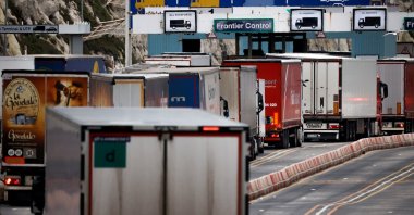 Lorries queue in at the border control of the Port of Dover, Britain, Jan. 15, 2021. (Reuters Photo)