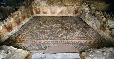 A floor of an ancient building adorned with mosaic patterns, discovered at the ancient city of Antandros, Balıkesir, western Turkey, Jan. 27, 2021. (AA Photo)