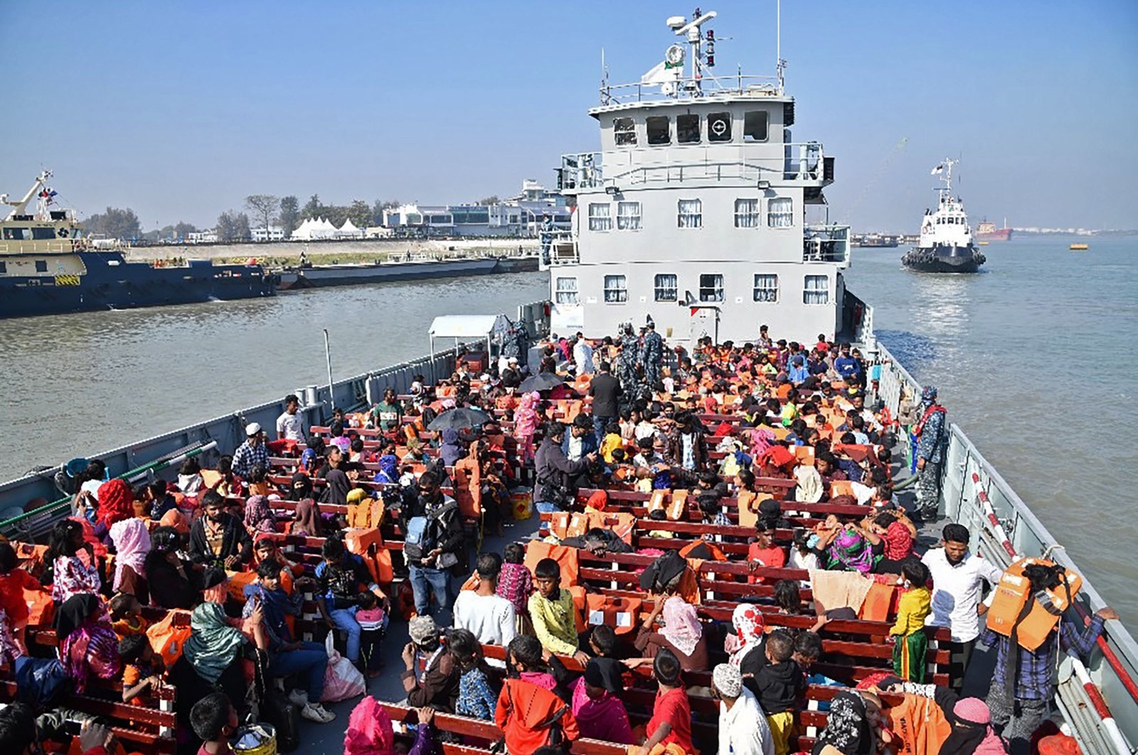 Rohingya refugees are seen on a Bangladesh Navy ship while they are being relocated to Bhashan Char Island in the Bay of Bengal, Chittagong, Bangladesh, Jan. 29, 2021. (AFP Photo)