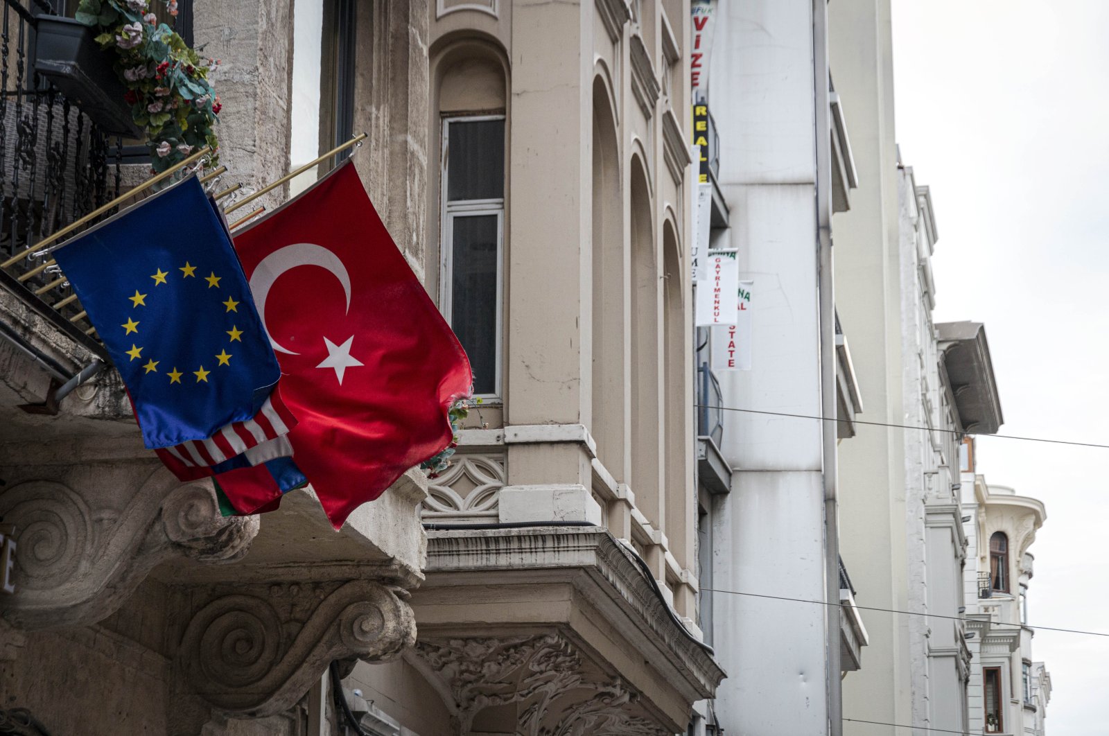 The European Union and Turkish flags fly side by side on Istiklal Avenue, Istanbul, Turkey, Sept. 5, 2020. (Photo by Getty Images)