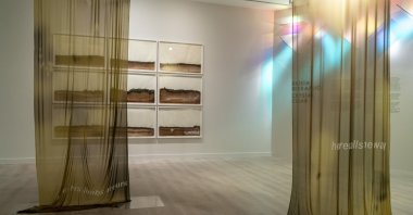 Paul Maheke, "The River Asked for a Kiss," 2017, four digitally printed curtains. (Courtesy of Pera Museum)