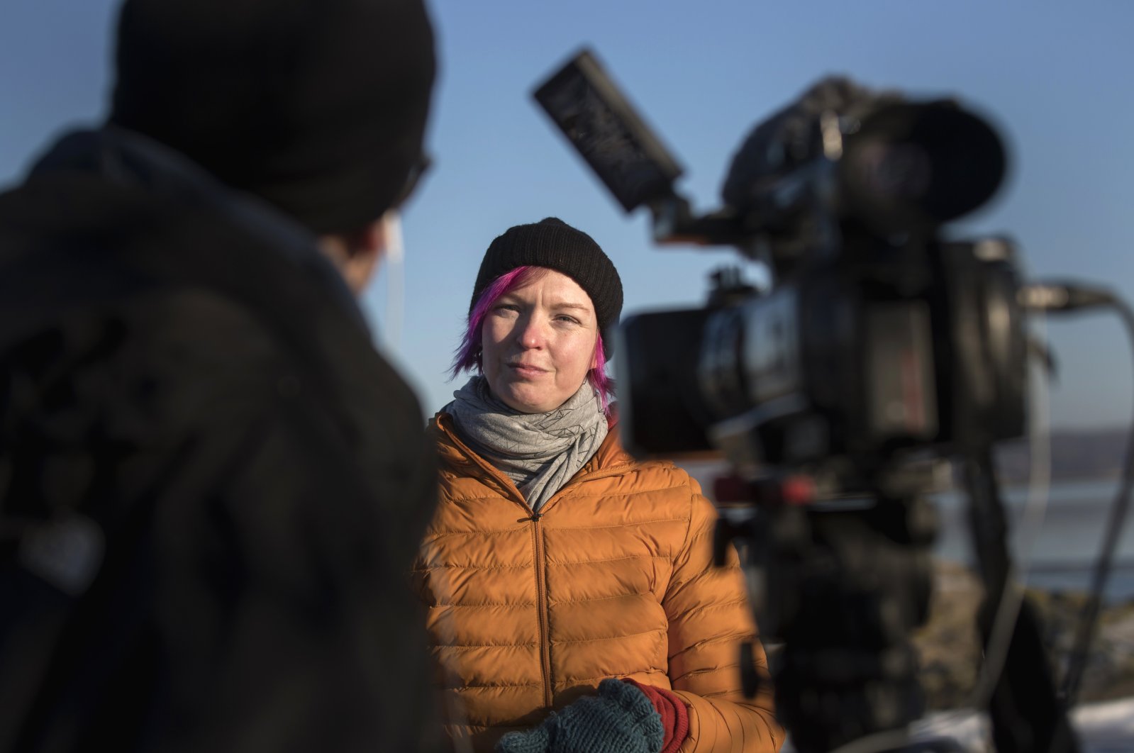 Lisa Enroth is interviewed by the Associated Press, on the island of Hamneskar, western Sweden on Saturday, Jan. 30, 2021. (AP Photo/Thomas Johansson)