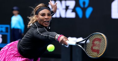 Serena Williams hits a return against Australia's Daria Gavrilova during their Yarra Valley Classic women's singles match, Melbourne, Australia, Feb. 1, 2021. (AFP Photo)