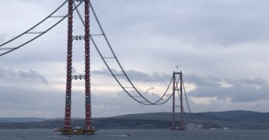 The Çanakkale Bridge, currently under construction, will connect Europe and Asia across the Dardanelles, in Çanakkale, northwestern Turkey Jan. 26, 2021. (Sabah Photo)