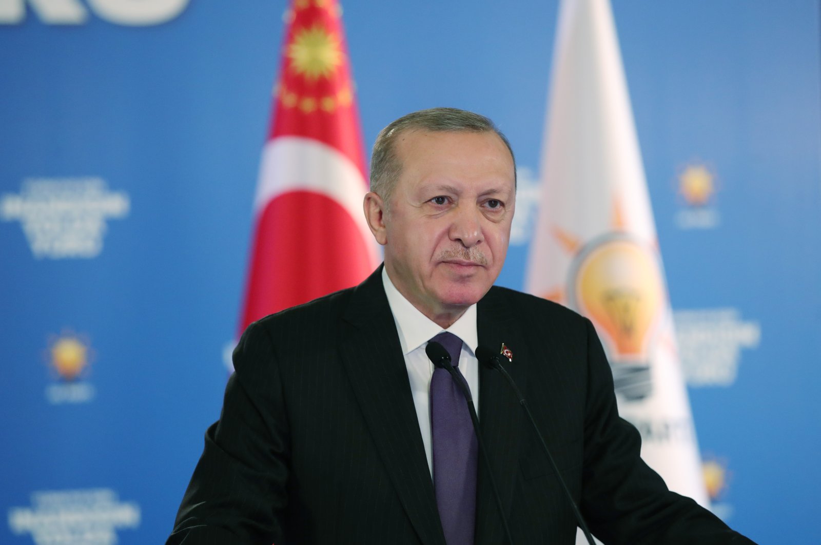 President Recep Tayyip Erdoğan addresses the ruling AK Party’s provincial congresses via video link from the capital Ankara, Turkey, Feb. 1, 2021.

