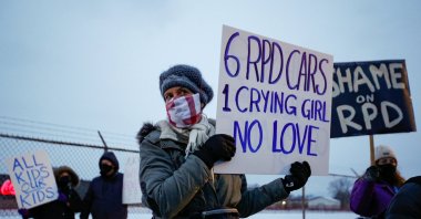 People protest the police's use of excessive force after a nine-year-old girl was handcuffed and sprayed with a chemical irritant in Rochester, New York, U.S., Feb. 1, 2021. (Reuters Photo)