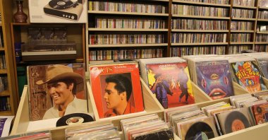 Renowned artists' cassettes and records in a shop at the Unkapanı record sellers' bazaar in Istanbul, Turkey, Feb. 2, 2021. (AA PHOTO)