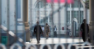 Myanmar soldiers stand inside Yangon City Hall after they occupied the building, in Yangon, Myanmar, Feb. 2, 2021. (Reuters Photo)