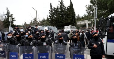 Riot police stand guard outside the entrance of Boğaziçi University, in Istanbul, Turkey, Feb. 2, 2021. (AA PHOTO) 