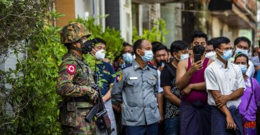 Soldier stands guard after the military seized power in a coup, Yangon, Myanmar, Feb. 2, 2021. (AA Photo)